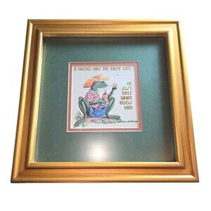 "A Frog Has An Easy Life.." Professionally Framed & Matted Frog Art 9.5"X9.5"X1"